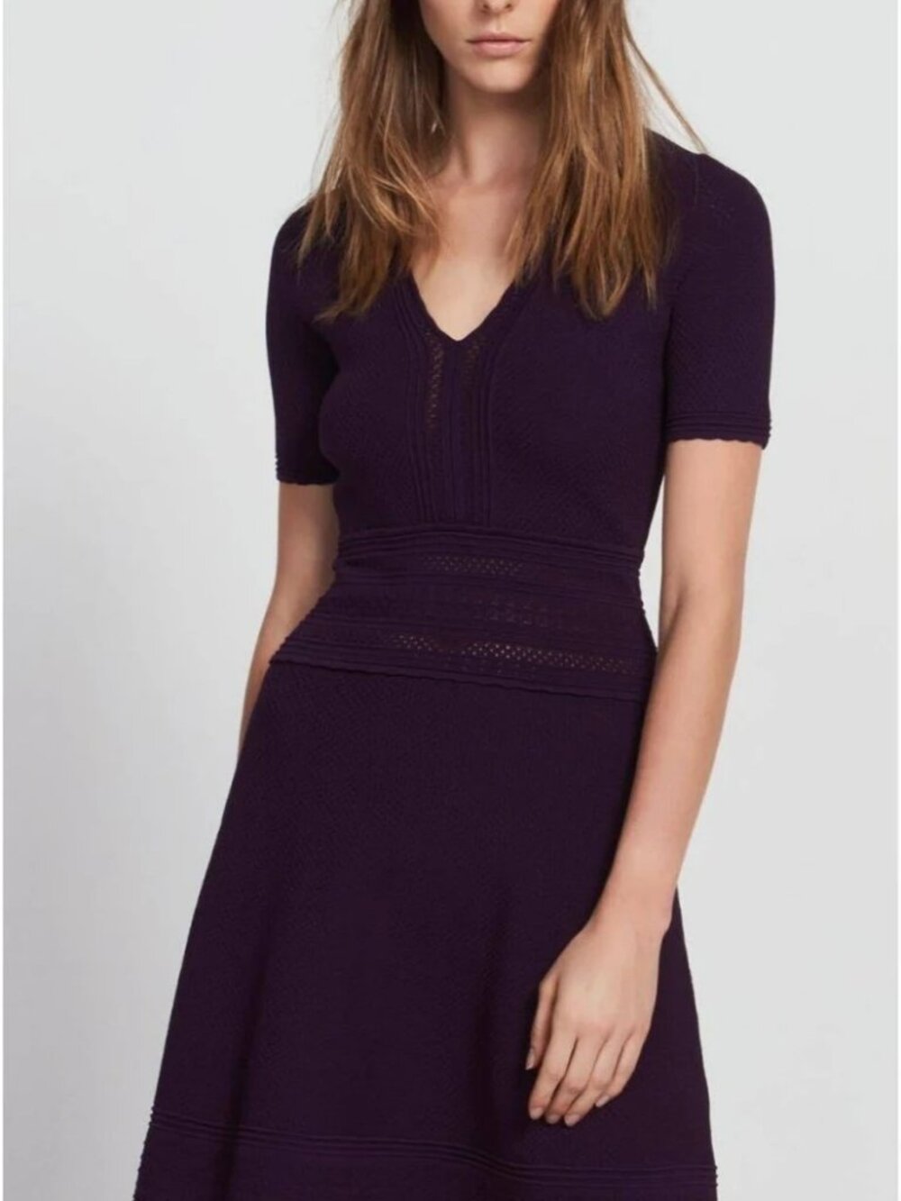 Women's Sandro Paris Purple Scalloped-Trim Fit-and-Flare Knitted Dress, Size S